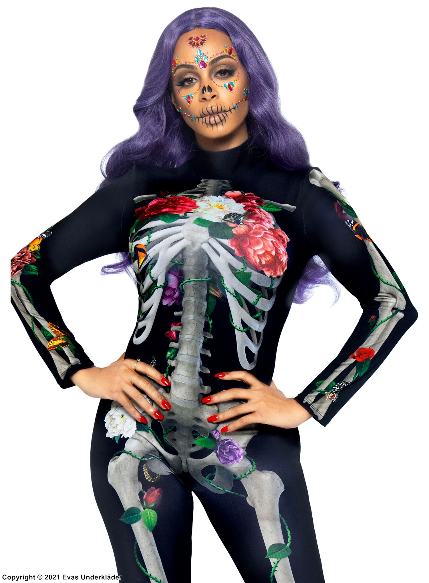 Day of the Dead (woman), costume catsuit, flowers, skeleton